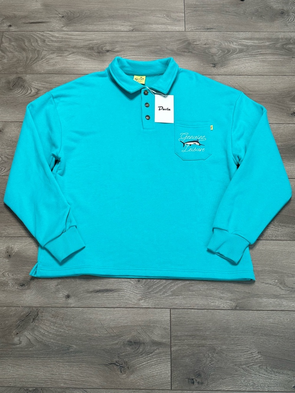 Duvin Catch Of The Day Polo Fleece Pullover Sweatshirt Teal Blue Size Small